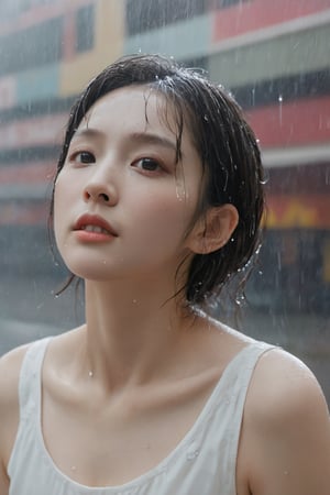 1 girl, xxmixgirl, cry, tear, (wet white dress), feeling sad, stands in the rain, see through, her tears mingling with the falling raindrops, masterpiece , best quality, detailed, Highest quality, portrait,xxmix_girl