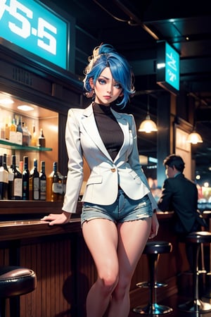 A Sexy Women(Multiply colors hair's,Hourglass body,ponny tail,Blue Eyes,In white Blazer,shorts,), Standing(calm,Sweet face),In Bar(Detailed Background),Night(Lighting in background), cinematic Sequence, wide,Vibrant Color palette,Contrasted with vintage tone,Cinestill,50d,Kodak porta 800,flim grain,--v5.2 style raw.