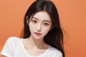 1 beautiful Korean girl, orange_background, white t-shirt