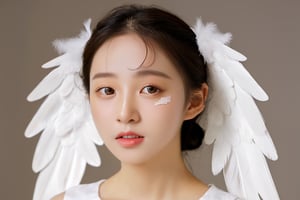 beautymix ,a beautiful Korean girl, white solid background, white t-short, she has a big white wings