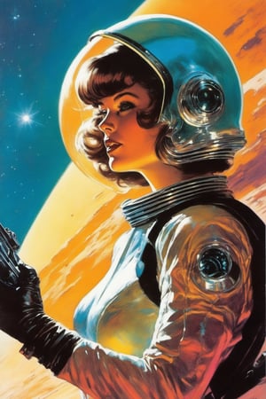 science fiction 80s, science fiction, book-bound illustration, beautiful girl, space girl in retro futuristic spacesuit, glass helmet, blaster in hand, sexy pose, retro fantastic, cosmos, meturlant, Frazetta