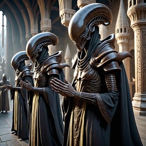 Xenomorph priests, procession of xenomorph priests, long robes, xenomorph hands, ovomorphs in hands, gloomy cosmic Middle Ages, HDR, unreal engine 5, detail, depth of color and shadows, volumetric light, cinematography