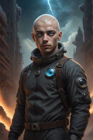 ((1 male, realistic)), starry sky, 25-year-old astronaut, stern man, bald, scar on his face, evil look, blue-eyed, one eye with a cataract, in a high-tech baggy dirty suit in the style of dieselpunk, works by Clayton Crane, Stepan Sedgic, Rachel Walpole., Yoshiki Le Wai, Peter Morbacher, burning pupils, detailed eyes, ruins of an unknown high-tech civilization, a spaceship in the style of Sid Meade in the background, a galaxy in the sky, a waist-high portrait 