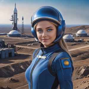masterpiece, space cadet girl, beautiful blue and black tight uniform, cap on her head, dreamy smile, huge blue eyes, looking into the distance, fantastic landscape of the cosmodrome in the background, HDR, ultrarealism, super quality, 8k, depth of light and shadow,perfect,photorealistic