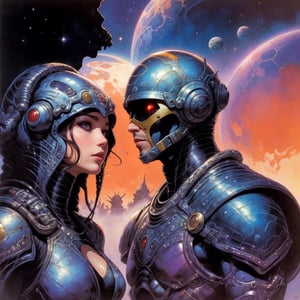 Prompt: 80s,science fiction,bookcover ilustration, beautyful Girl and Alien Man,space, methurlant,Louis Royo style