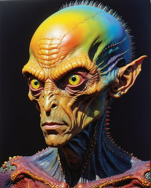 Mobius Style (Jean Giraud) - Painting by Jean Giraud Mobius, ((masterpiece)), ((best quality)), (masterpiece, highest quality), portrait of an alien monster with a lizard head, yellow eyes, a look from under the brow, shiny black scaly skin, intricate complexity, surreal horror, inverted neon rainbow, streaks of paint, a trend in art. station, photoreality, 8K, octane number, rendering by Greg Rutkowski, full-length body, dynamic Mobius face style