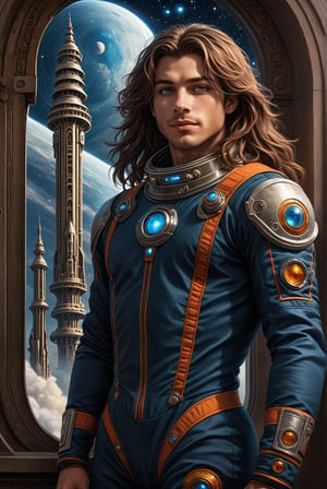 ((1 man, realistic)), starry skies, 25-year-old astronaut, stern man, brown-haired, long-haired, gray-eyed, in a high-tech elegant, tight red and blue Art Nouveau spacesuit, works by Clayton Crane, Stepan Sedjic, Rachel Walpole, Yoshiki Le Wai, Peter Morbacher, burning pupils, detailed eyes, ghostly smile, ruins of an unknown high-tech civilization, an Art Nouveau spaceship in the background, a galaxy in the sky, a waist-high portrait, looking out the window at a pillar