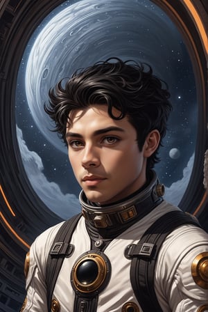 ((1 man, realistic)), starry skies, 25-year-old astronaut, stern man, black-haired, brown-eyed, in a high-tech elegant, tight black-and-white Art Nouveau spacesuit, works by Clayton Crane, Stepan Sedgic, Rachel Walpole, Yoshiki Le Wai, Peter Morbacher, burning pupils, detailed eyes, ghostly smile, ruins of an unknown high-tech civilization, an Art Nouveau spaceship in the background, a galaxy in the sky, close-up, bottom view, bottom corner.