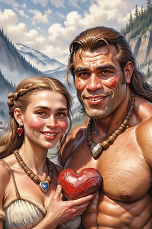 a Neanderthal embedded couple, a man and a woman holding a heart-shaped stone valentine, brow ridges, thick eyebrows, thick lips, low forehead, massive chin, a necklace of bear fangs around their neck, a mammoth skin on their shoulders, a sweet smile, looks at a stone valentine, HDR, watercolor, hyperrealism