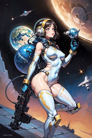 science fiction 80s, science fiction, book-bound illustration, beautiful girl, space girl in retro futuristic spacesuit, glass helmet, blaster in hand, sexy pose, retro fantastic, cosmos, meturlant, Frazetta