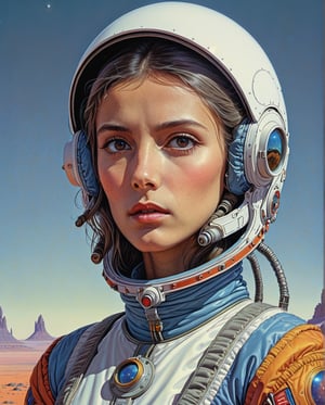 Moebius Style (Jean Giraud) - Painting by Jean Giraud Moebius, ((masterpiece)), ((best quality)), (masterpiece, highest quality), portrait of an  girl-cosmonaut , in a space suit, with a frown,  intricate complexity, surreal horror, a dynamic scene, streaks of paint, a trend in art. station, photoreality, 8K, octane, Greg Rutkowski rendering, full-length body, dynamic Mobius face style