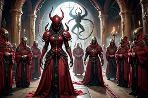 the xenomorph queen in a red robe with religious symbols, next to the xenomorph battle priests in chains, a procession of xenomorph priests, long robes, xenomorph hands, gloomy cosmic Middle Ages, HDR, unreal engine 5, detail, depth of color and shadows, volumetric light, cinematography, watercolor,
