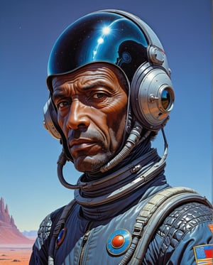 Moebius Style (Jean Giraud) - Painting by Jean Giraud Moebius, ((masterpiece)), ((best quality)), (masterpiece, highest quality), portrait of an cosmonaut with shiny black scaly skin, in a space suit, with a frown, shiny black scaly skin, intricate complexity, surreal horror, a dynamic scene, streaks of paint, a trend in art. station, photoreality, 8K, octane, Greg Rutkowski rendering, full-length body, dynamic Mobius face style