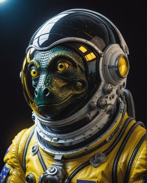 ((masterpiece)), ((best quality)), (masterpiece, highest quality), portrait of a reptilian cosmonaut with yellow eyes in a space suit, a look from under his brows, shiny black scaly skin, intricate complexity, surreal horror, dynamic scene, stripes of paint, a trend in art. station, photoreality, 8K, octane, Greg Rutkowski rendering, full-length body, dynamic Mobius face style