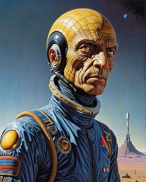 Mobius Style (Jean Giraud) - Painting by Jean Giraud Mobius, ((masterpiece)), ((best quality)), (masterpiece, highest quality), portrait of a reptilian cosmonaut with yellow eyes in a space suit, a look from under his brows, shiny black scaly skin, intricate complexity, surreal horror, dynamic scene, stripes of paint, a trend in art. station, photoreality, 8K, octane, Greg Rutkowski rendering, full-length body, dynamic Mobius face style