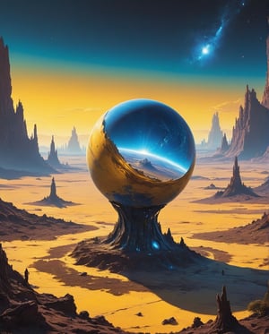 In this master class, a special style of Mobius can be traced. A majestic alien planet sprawled in front of us, bathed in the warm glow of a blue giant star and surrounded by a yellow dwarf.  The surrounding savannah landscape appears in eerie surrealism, highlighted by inverted neon shades, iridescent spots throughout the composition.
