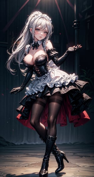 Maid costume,1 girl, boots, bra,  very long hair, black thighband pantyhose, full body view, full height, high heeled,kneehigh_boots, fair-skinned girl, tall, narrow waist,lolita fashion, long gloves, black gloves,sex, bare thighs, long bangs, upskirt, big breasts, dress,ponytail,floating hair, long legs, thighband pantyhose,kneehigh_boots