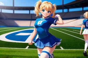 Anime, cheerleader, Finnish girl, small breasts, tight outfit, cute face, detailed blue eyes, (Silver-Blue cheerleader dress), football field, detailed, animated, fictional animation, inviting smile, butt cheeks, make up, eye liner, pony tails, Blonde-blue multicolor hair, choker necklace, earrings, jumping, Lions logo, perfect face, perfect eyes, perfect nose, short hair, blonde hair, blonde hair, blue hair, white thigh high socks, full body