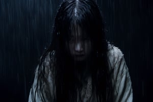 Onryo from the movie The Ring, wet messy hair, high quality, haunted house background, spooky, ghostly appearance, face down, hair falling in front of face, very pale skin