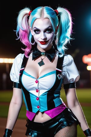 (Raw Photo:1.3) of (Ultra detailed:1.3) Harley Quinn from DC comics, dark pink and sky-blue hair, clowncore, dc comics, layered mesh, stripes and shapes, Wearing a white and black schoolgirl uniform, Carnival Background at night, collar with large Joker charm, holding a bowling pin, running toward the camera,old style