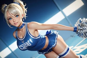 Anime, cheerleader, Finnish girl, small breasts, tight outfit, cute face, detailed blue eyes, (Silver-Blue cheerleader outfit), football field, detailed, animated, fictional animation, inviting smile, butt cheeks, make up, eye liner, pony tails, Blonde-blue multicolor hair, choker necklace, earrings, jumping, Lions logo, perfect face, perfect eyes, perfect nose, short hair, blonde hair, blonde hair, blue hair, white thigh high socks, full body