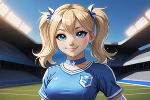 Anime, cheerleader, Finnish girl, small breasts, tight outfit, cute face, detailed blue eyes, (Silver-Blue cheerleader dress), football field, detailed, animated, fictional animation, inviting smile, butt cheeks, make up, eye liner, pony tails, Blonde-blue multicolor hair, choker necklace, earrings, jumping, Lions logo, perfect face, perfect eyes, perfect nose, short hair, blonde hair, blonde hair, blue hair, white thigh high socks, full body