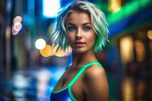 (Cinematic Photo:1.6) of (Ultra detailed:1.6) young teen cheerleader, wet hair, white female, blonde and royal blue hair, multicolor hair, wet hair, soaked hair, wet, soaked, short hair, blue eyes, beautiful face, skintight skimpy satin miniskirt, she has wide hips, squatting in futuristic city street, raining, wet hair, head turned to face viewer, low angle view, low angle shot, detailed textures, sharp focus, ultra-high pixel detail, Bikini top, realistic, full body, high-quality, 16k, hyper-realistic, RAW photo, masterpiece, ultra-detailed, professional photography, reallistic, Highly Detailed, perfect eyes, green eyes, cute face, smiling, full-body, full_body 