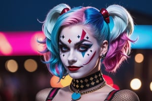 (Raw Photo:1.3) of (Ultra detailed:1.3) Harley Quinn from DC comics, dark pink and sky-blue hair, clowncore, dc comics, layered mesh, stripes and shapes, carnivalcore, Carnival Background at night, collar with large Joker charm