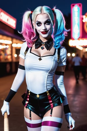 (Raw Photo:1.3) of (Ultra detailed:1.3) Harley Quinn from DC comics, dark pink and sky-blue hair, clowncore, dc comics, layered mesh, stripes and shapes, Wearing a white and black schoolgirl uniform, Carnival Background at night, collar with large Joker charm, holding a bowling pin, running toward the camera,old style