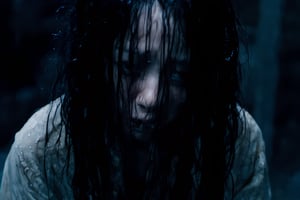 Onryo from the movie The Ring, wet messy hair, high quality, haunted house background, spooky, ghostly appearance, face down, looking down, lots of hair falling in front of face, very pale skin, crawling