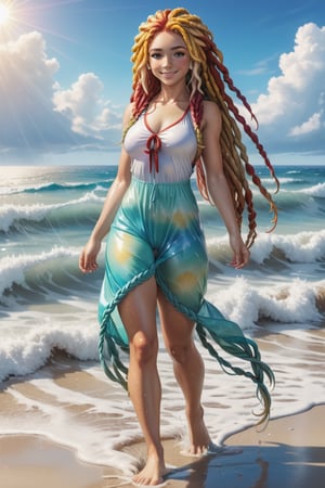 (best quality, masterpiece), 1girl, standing, blonde hair, red hair, mixed color hair, multicolor hair, long hair, braid, dreadlocks, ocean, sandy beach, wet, happy, freckles, paw pose, sun, cloud, nsfw, detailmaster2 shiny skin, perfect body