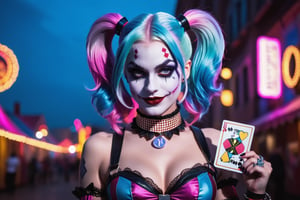 (Raw Photo:1.3) of (Ultra detailed:1.3) Harley Quinn from DC comics, dark pink and sky-blue hair, clowncore, dc comics, layered mesh, stripes and shapes, carnivalcore, Carnival Background at night, collar with large Joker charm, holding a jokers card