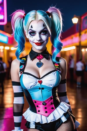 (Raw Photo:1.3) of (Ultra detailed:1.3) Harley Quinn from DC comics, dark pink and sky-blue hair, clowncore, dc comics, layered mesh, stripes and shapes, Wearing a white and black schoolgirl uniform, Carnival Background at night, collar with large Joker charm, holding a bowling pin