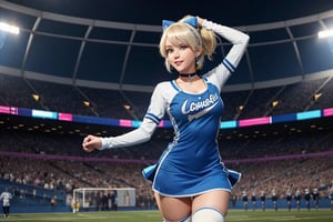 Anime, cheerleader, Finnish girl, small breasts, tight outfit, cute face, detailed blue eyes, (Silver-Blue cheerleader dress), football field, detailed, animated, fictional animation, inviting smile, butt cheeks, make up, eye liner, pony tails, Blonde-blue multicolor hair, choker necklace, earrings, jumping, Lions logo, perfect face, perfect eyes, perfect nose, short hair, blonde hair, blonde hair, blue hair, white thigh high socks, full body