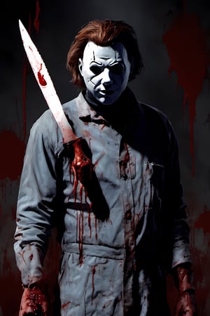 Michael Myers from the movie Halloween, plain mask,emotionless expression,messy hair, high quality, haunted house background, CryingBlood, blood, (holding a butchers knife covered in blood)