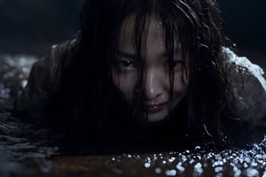 Onryo from the movie The Ring, wet messy hair, high quality, haunted house background, spooky, ghostly appearance, face down, looking down, hair falling in front of face, very pale skin, crawling