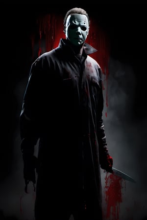 Michael Myers from the movie Halloween, plain mask, high quality, scary darkness background, haunted house background, CryingBlood, blood, (holding a butchers knife covered in blood)