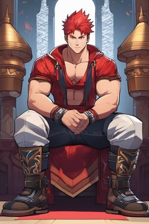 1boy, husky, large muscles, muscular, red hair, fists, clothes writing, full body, throne room, warrior, looking at viewer, male child, male focus, pants, shadow, shirt, shoes, short sleeves, smile, solo, spiked hair, wristband 