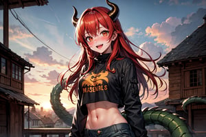 best quality, masterpiece, upper body, standing, solo focus,1girl, tania, KizukiAi, dragon girl, dragon horns, red hair, orange eyes, long hair, cargo shorts, crop top, looking at viewer, village, (blush:1.2), happy,  (crowd:0.4), medieval, with tail