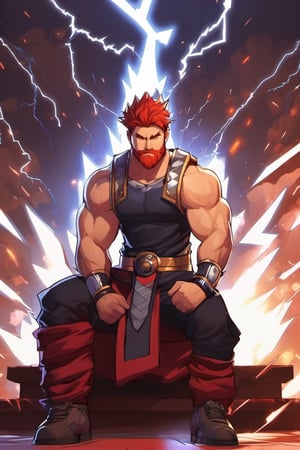 1boy, husky, large muscles, muscular, red hair, fists, clothes writing, full body, throne room, warrior, looking at viewer, male focus, pants, shadow, shirt, shoes, short sleeves, smile, solo, spiked hair, wristband, storm effect, lightning, facial hair, beard,
