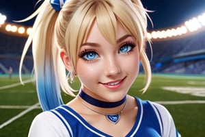 Anime, cheerleader, Finnish girl, small breasts, tight outfit, cute face, detailed blue eyes, (Silver-Blue cheerleader dress), football field, detailed, animated, fictional animation, inviting smile, butt cheeks, make up, eye liner, pony tails, Blonde-blue multicolor hair, choker necklace, earrings, jumping, Lions logo, perfect face, perfect eyes, perfect nose, short hair, blonde hair, blonde hair, blue hair, white thigh high socks, full body