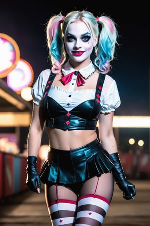 (Raw Photo:1.3) of (Ultra detailed:1.3) Harley Quinn from DC comics, dark pink and sky-blue hair, clowncore, dc comics, layered mesh, stripes and shapes, Wearing a white and black schoolgirl uniform, Carnival Background at night, collar with large Joker charm, holding a bowling pin, running/sprinting toward the camera, bare midriff