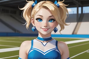 Anime, cheerleader, Finnish girl, small breasts, tight outfit, cute face, detailed blue eyes, (Silver-Blue cheerleader dress), football field, detailed, animated, fictional animation, inviting smile, butt cheeks, make up, eye liner, pony tails, Blonde-blue multicolor hair, choker necklace, earrings, jumping, Lions logo, perfect face, perfect eyes, perfect nose, short hair, blonde hair, blonde hair, blue hair, white thigh high socks, full body