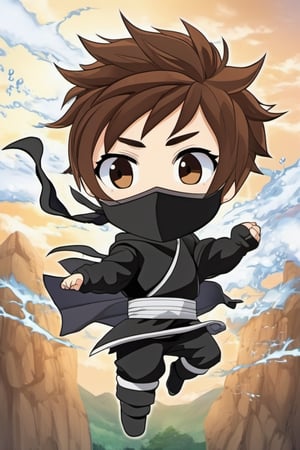 Chibi Style,  ninja,  storm effect,  best quality, brown hair, punching, mountain top, short hair