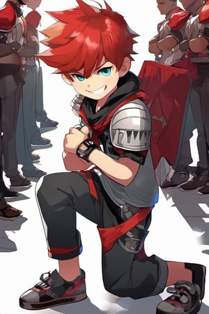 1boy, husky, red hair, fists, clothes writing, full body, throne room, warrior, looking at viewer, male child, male focus, pants, shadow, shirt, shoes, short sleeves, smile, solo, spiked hair, wristband 