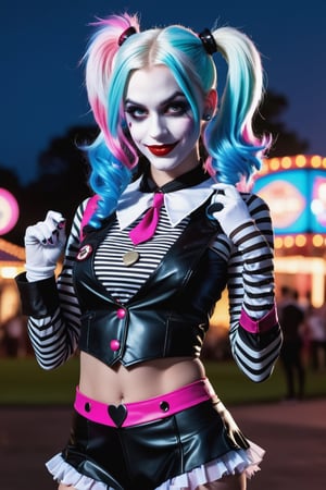 (Raw Photo:1.3) of (Ultra detailed:1.3) Harley Quinn from DC comics, dark pink and sky-blue hair, clowncore, dc comics, layered mesh, stripes and shapes, Wearing a white and black schoolgirl uniform, Carnival Background at night, collar with large Joker charm, holding a bowling pin