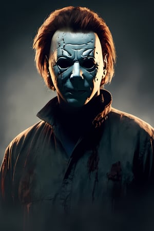 Michael Myers from the movie Halloween, plain mask,emotionless expression,messy hair, high quality, haunted house background, CryingBlood,