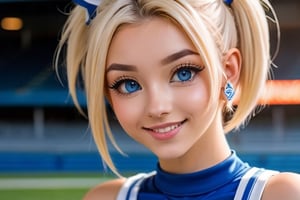 Anime, cheerleader, Finnish girl, small breasts, tight outfit, cute face, detailed blue eyes, (Silver-Blue cheerleader dress), football field, detailed, animated, fictional animation, inviting smile, butt cheeks, make up, eye liner, pony tails, Blonde-blue multicolor hair, choker necklace, earrings, jumping, Lions logo, perfect face, perfect eyes, perfect nose, short hair, blonde hair, blonde hair, blue hair, white thigh high socks, full body