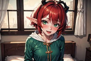 best quality, masterpiece, upper body, solo focus,1girl, dragon girl, dragon horns, red hair, green eyes, short hair, underwear, looking at viewer, bedroom, (blush:1.2), happy,  (crowd:0.4), medieval, with attached tail, elf ears, hands behind back