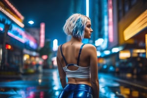 (Cinematic Photo:1.3) of (Ultra detailed:1.3) young teen, white female, blonde and royal blue hair, multicolor hair, wet hair, soaked hair, wet, soaked, short hair, blue eyes, beautiful face, skintight skimpy satin miniskirt, she has wide hips, squatting in futuristic city street, raining, wet hair, shot from behind, head turned to face viewer, low angle view, low angle shot, detailed textures, sharp focus, ultra-high pixel detail, topless, realistic, high-quality, full colors, incredibly detailed, 16k, hyper-realistic, RAW photo, masterpiece, ultra-detailed, professional photography, Highly Detailed